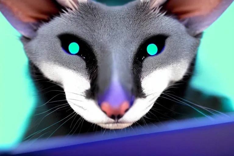 Image similar to a blue - and - black male heterochromatic catbat fursona with blue / green heterochromatic eyes ( differently - colored eyes, one green, one blue ) and huge bat ears, photo of the catbat streaming on his computer