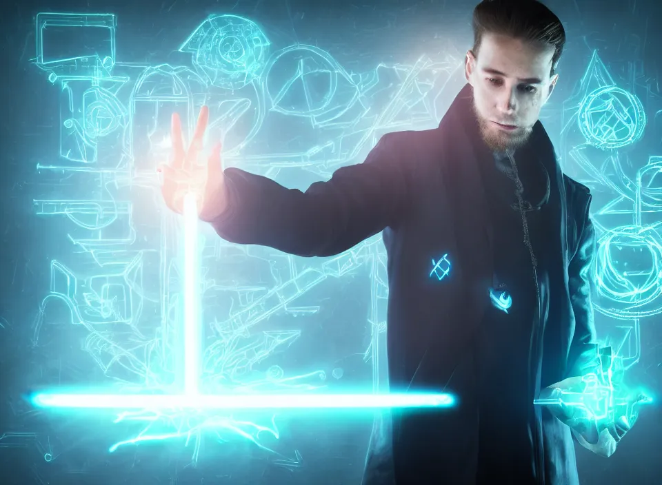 Prompt: Portrait of the handsome futuristic cyberpunk wizard hero levitating majestically with glowing magic rune aura in his hands. Photorealistic, ultra high resolution, intricate details