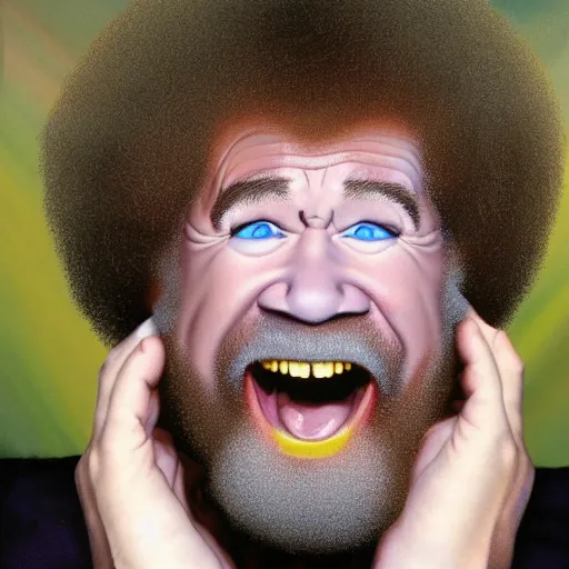 Prompt: bob ross screaming spray paint out of mouth