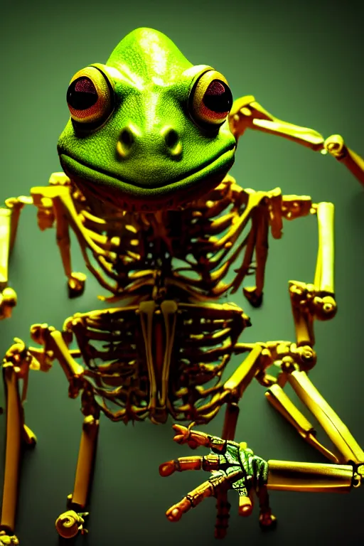 Image similar to movie poster of kermit the terminator, chromatic humanoid skeleton frog skeleton hybrid, robot, ultra realistic, cinematic lighting hd photography,