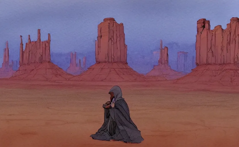 Prompt: a hyperrealist watercolor concept art of a medieval monk in grey robes in monument valley with futuristic cities on each rock formation. golden hour. very muted colors, by rebecca guay, michael kaluta, charles vess. high detail, hq, wide shot, 4 k