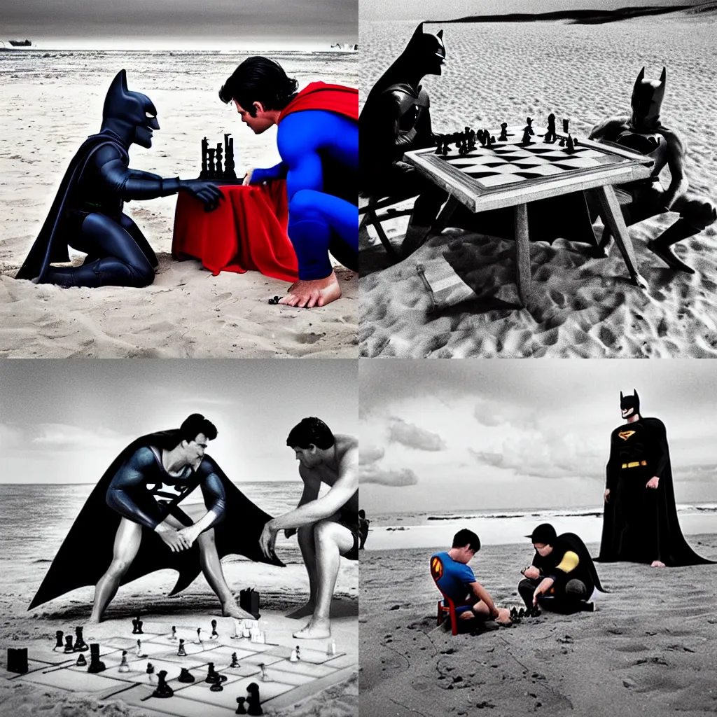 Prompt: superman and batman playing chess on the beach during an alien invasion. Photography