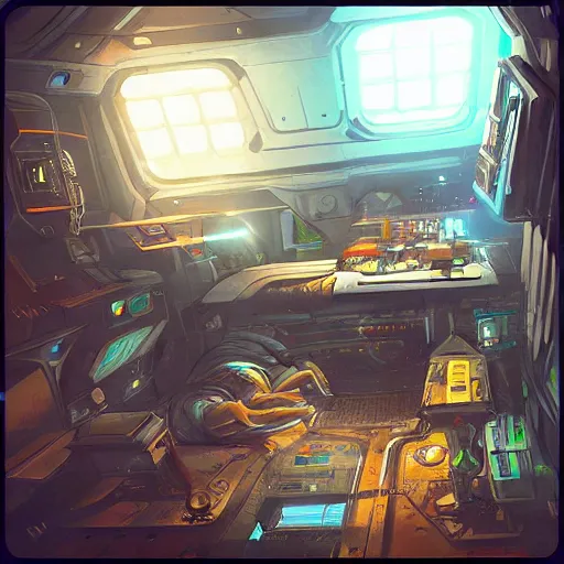 Prompt: “A cyberpunk bunk within a spaceship, D&D sci-fi, artstation, concept art, highly detailed illustration.”