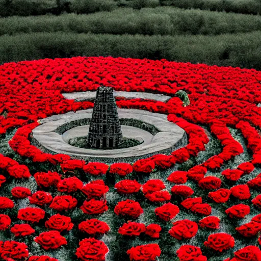 Image similar to photo of a beautiful field of roses with a dark tower in the center. golden hour. photorealism. 4 k. national geographic. dof