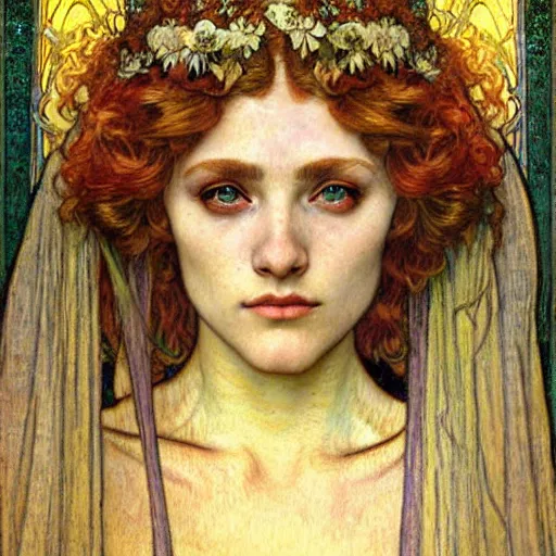 Image similar to detailed realistic beautiful young medieval queen face portrait by jean delville, alphonse mucha, vincent van gogh, and marco mazzoni, art nouveau, symbolist, visionary, gothic, pre - raphaelite