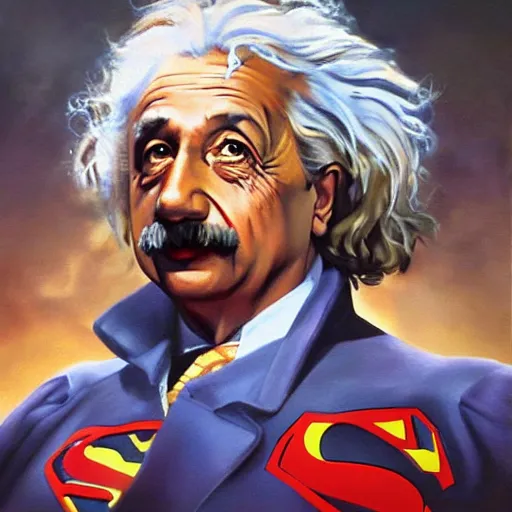 Image similar to ultra realistic portrait painting of albert einstein as superman, art by frank frazetta, 4 k, ultra realistic, highly detailed, epic lighting