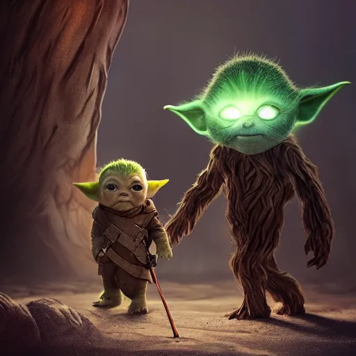 Prompt: babyyoda ( 2 0 2 1 ) is walking to a spaceship. he is walking next to babygroot ( 2 0 1 7 ). they are friends. photorealistic, digital art, epic fantasy, dramatic lighting, cinematic, extremely high detail, cinematic lighting, trending, artstation, cgsociety, 3 d ue 5, 4 k, hq