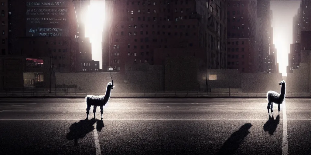 Image similar to a llama walking through a desolate manhattan city street at night, statue of liberty seen in the background, realistic 4 k octane beautifully detailed render, 4 k post - processing, highly detailed, detailed face, intricate complexity, epic composition, magical atmosphere, cinematic lighting, masterpiece, color picture, ultra hd