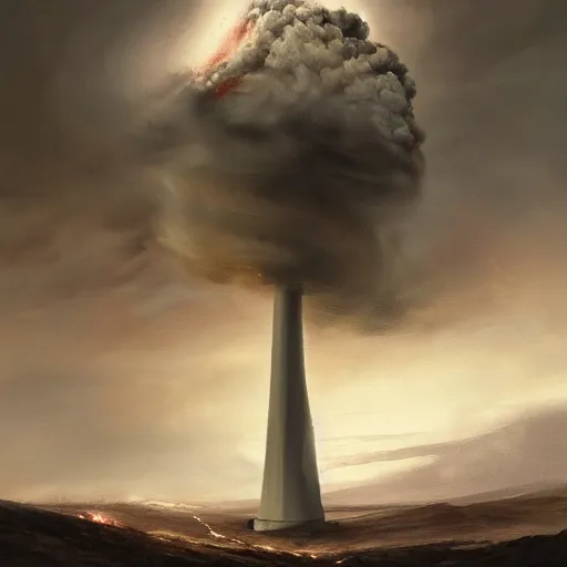 Prompt: still life painting of a wind-turbine getting hit by a volcano, by Greg Rutkowski, iceland landscape, dramatic lighting, epic, gargantuan, intricate detail, trending on artstation