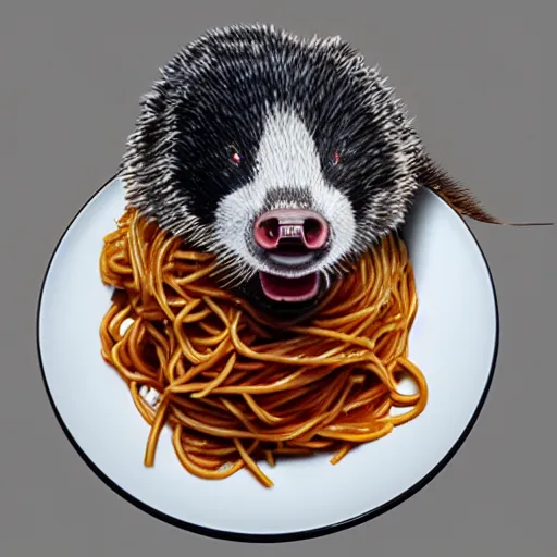 Prompt: 8k hyper realistic angry badger eats spaghetti