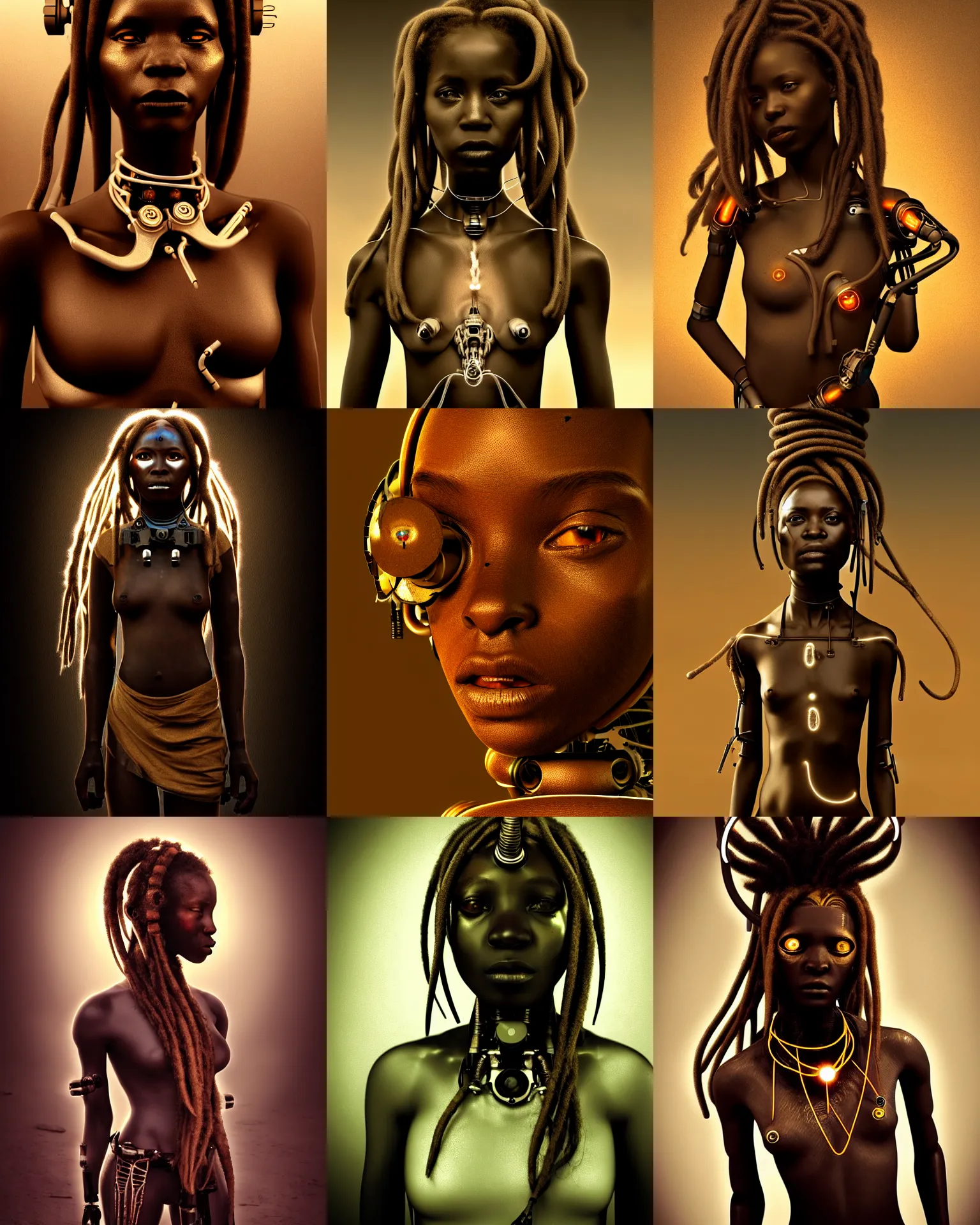 Prompt: futuristic himba young woman, glowing mechanical eye camera, mechanical limbs, cybernetic dreadlocks, realistic sci - fi concept art, dramatic lighting, intricate, depth of field, sepia