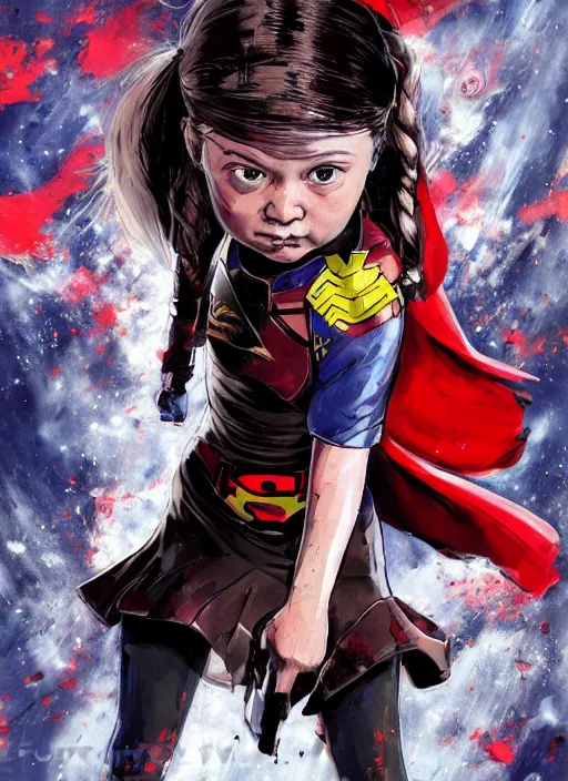 Prompt: highly detailed portrait of a greta thunberg as supergirl, by Dustin Nguyen, Akihiko Yoshida, Greg Tocchini, Greg Rutkowski, Cliff Chiang, 4k resolution, nier:automata inspired, bravely default inspired, vibrant but dreary red, black and white color scheme!!! ((Space nebula background))