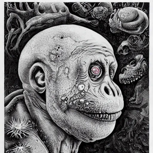 Prompt: measles on a deformed hideous pustule covered monkey, sores, bumps, skin wounds, surface hives, growths, horror, fantasy, highly detailed, by Dan Hillier and Ernst Haeckel