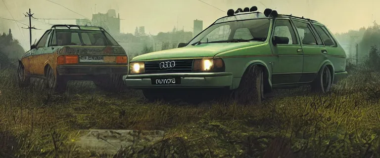 Prompt: Scrap Audi 80 B3 Avant (1988) facing a combine APC, Half-Life 2: Episode 2 (PC), a post-apocalyptic outland, dramatic lighting, cinematic, establishing shot, extremely high detail, photorealistic, cinematic lighting, artstation, by simon stalenhag