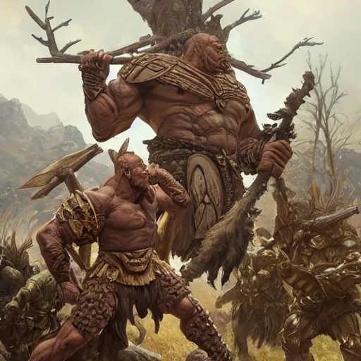 Image similar to muscular ogre - like fierce warrior with tree - bark skin wearing intricate stone and wood armor, towering above a group of soldiers, battlefield, highly detailed, digital painting, artstation, concept art, smooth, sharp focus, illustration, art by artgerm and greg rutkowski and alphonse mucha