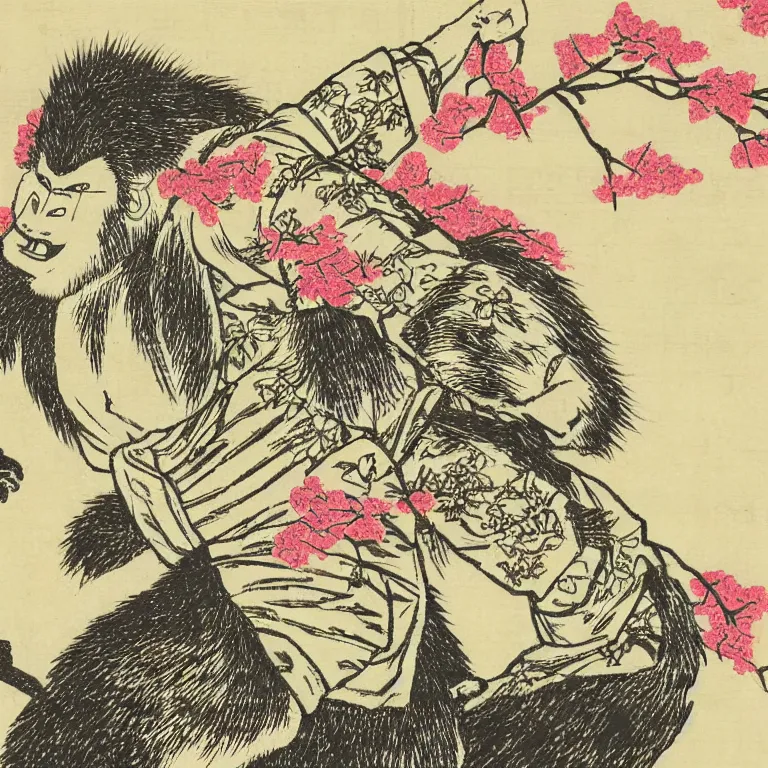 Prompt: a japanese woodblock print of bigfoot riding a motorcycle with cherry blossoms