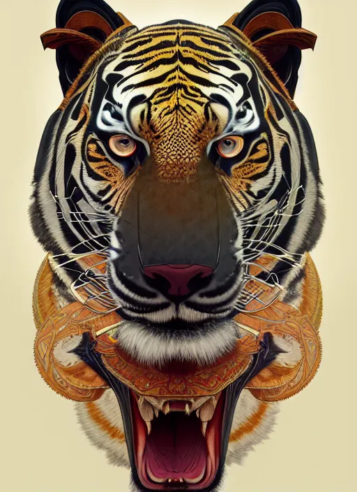 Image similar to symmetry!! portrait of a robot tiger, midsommar style, intricate, elegant, highly detailed, digital painting, artstation, concept art, smooth, sharp focus, illustration, art by artgerm and greg rutkowski and alphonse mucha, 8 k