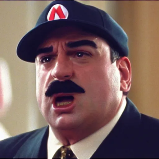 Prompt: mario in an episode of the sopranos ( 1 9 9 9 ), 4 k, cinematic, hbo, screencap, realistic, the sopranos, film footage. he looks very angry