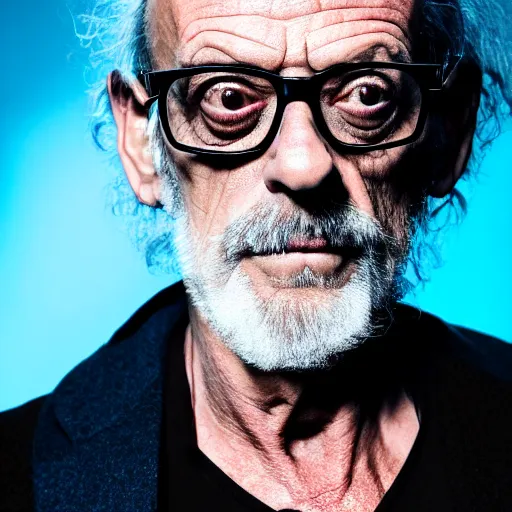 Prompt: christopher lloyd with a scruffy beard in a dark blue trenchcoat with black glasses, cinematic, volumetric lighting, f 8 aperture, cinematic eastman 5 3 8 4 film, photorealistic