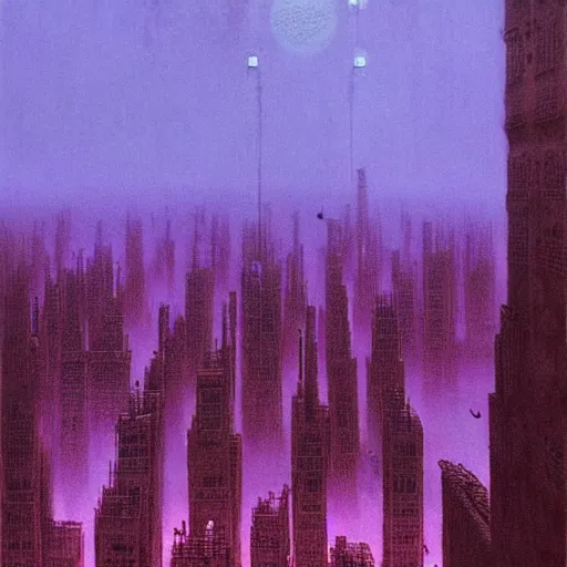 Image similar to purple cyberpunk city, by Beksinski