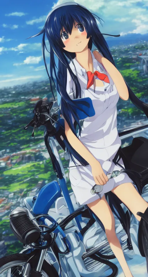 Image similar to close up of a high definition anime girl in a blue honda c90 with armenia quindio in the background , Artwork by Makoto Shinkai, pixiv, 8k, official media, wallpaper, hd