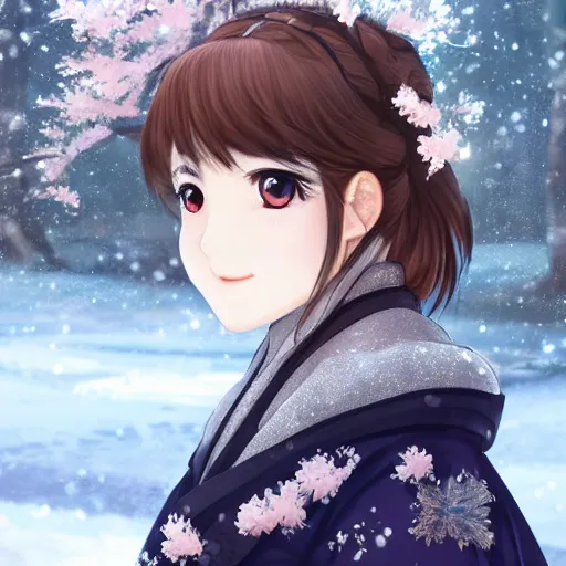 Image similar to a portrait of a techwear hakama princess, beautiful and detailed eyes, with snow forest and cherry blossoms in the background, by kyoto animation, dramatic lighting, manga cover, highly detailed, incredible quality, trending on artstation