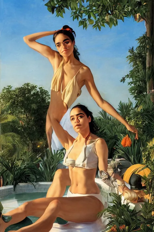 Alexandria Ocasio Cortez by a pool golden hour in a Stable