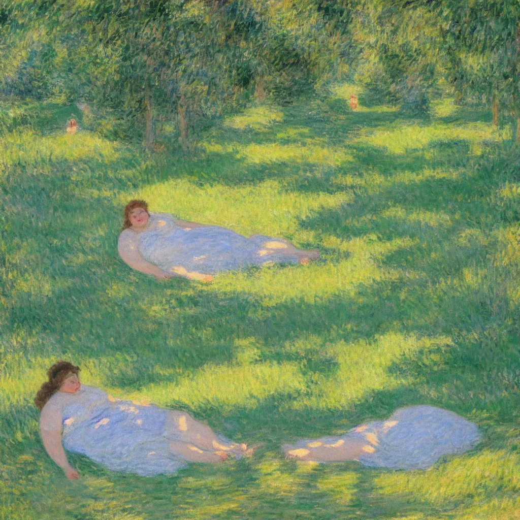 Prompt: a beautiful painting of one beautiful fat woman resting in the grass of a shady green park full of trees in the style of Monet