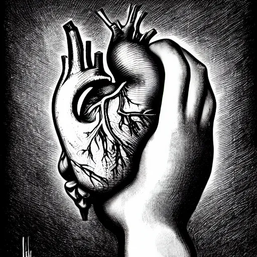 Prompt: drawing of hands ripping an anatomical heart into pieces, sadness, dark ambiance, concept by godfrey blow, featured on deviantart, sots art, lyco art, artwork, photoillustration, poster art