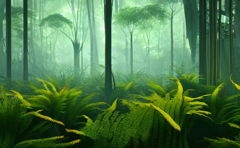 Prompt: a beautiful render of a dark prehistoric fern forest, lush flora, patches of yellow sky, dark green leaves, blue shadows, intricate detail, hazy, humid, volumetric lighting, 8 k, photorealistic, raytracing effects, unreal engine 5