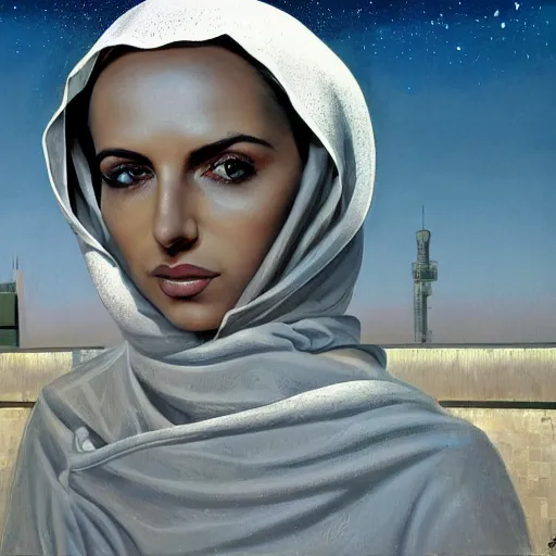 Image similar to detailed face of an arabic woman, travertine and stainless steel courtyard, terrazzo, tectonic sky, skydome, reactor, utopian, tech noir, wet reflections, prism, atmospheric, ambient, pj crook, syd mead, livia prima, artgerm, greg rutkowski, nick alm, casey baugh