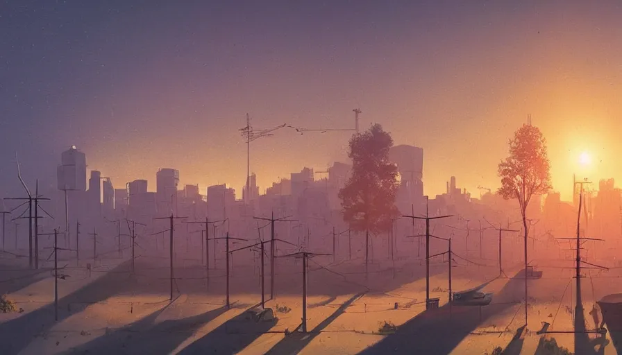 Image similar to city full of solar panels, early morning sun in the sky, one tree, simon stalenhag