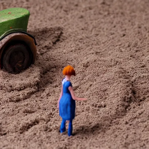 Image similar to a cinematic film still of a claymation stop motion film starring anne hathaway as female farmer with pitchfork, shallow depth of field, 8 0 mm, f 1. 8