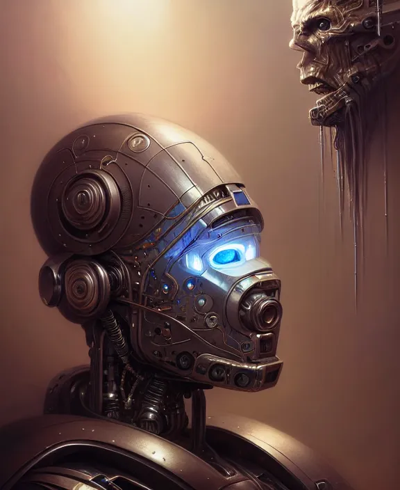 Prompt: portrait shot of a cyberpunk robot, intricate, elegant, highly detailed, centered, digital painting, artstation, concept art, smooth, sharp focus, illustration, artgerm, tomasz alen kopera, peter mohrbacher, donato giancola, joseph christian leyendecker, wlop, boris vallejo