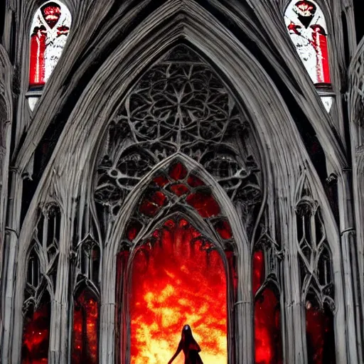 Image similar to movie shot, landcape, architectural shot, no decaying lines, background of an alabaster gothic cathedral, with long ephimeral windows with reflection of red flames, as subject a gothic woman with an intricate arabesque detailed black dressed, macro head face