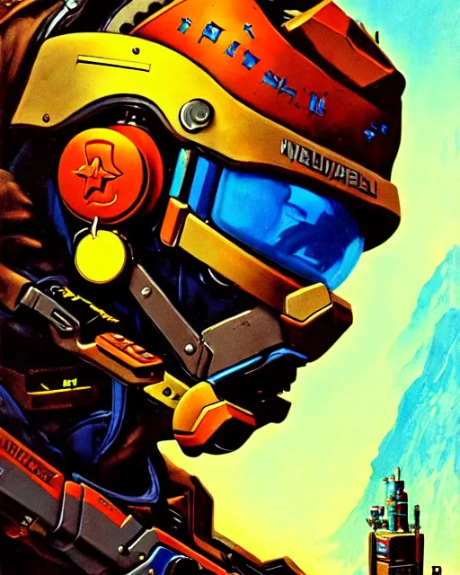 Image similar to soldier 7 6 from overwatch, character portrait, portrait, close up, concept art, intricate details, highly detailed, vintage sci - fi poster, retro future, in the style of chris foss, rodger dean, moebius, michael whelan, and gustave dore