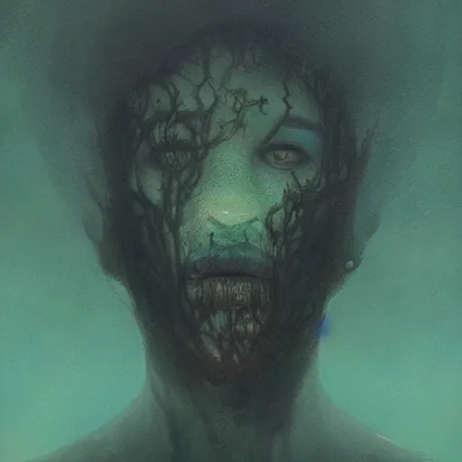 Prompt: sad man, half of face is gone, moss is growing out, despair, thoughts escaping mind, by Anato Finnstark, Tom Bagshaw, Brom