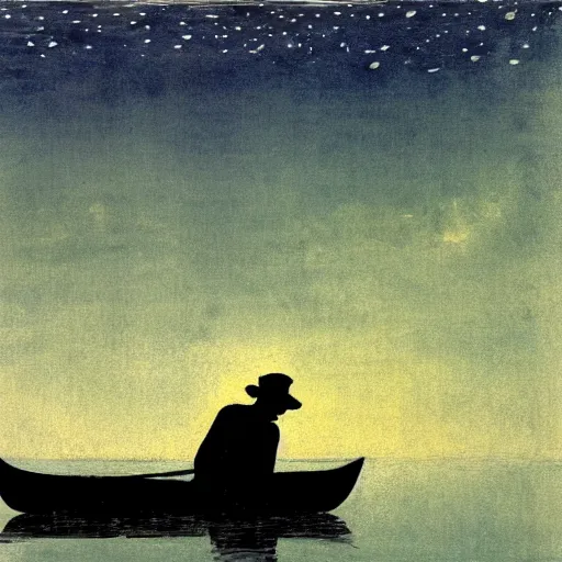 Prompt: silhouette of a man standing in a rowboat, lake, whisps of fog, moonlit night, by peter doig