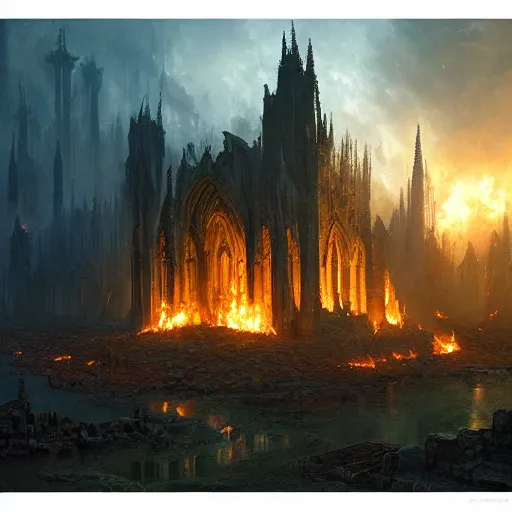 Image similar to burning cathedral ruins, by Andreas Rocha + Ted Nasmith, dark, cinematic lighting, masterpiece, highly detailed, 8k resolution, trending on art station