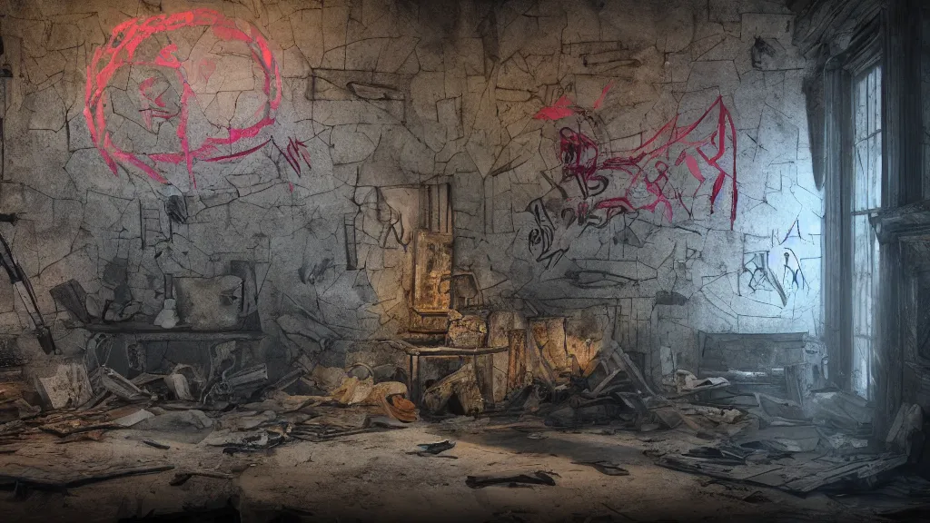 Image similar to a sigil scribbled on the wall, inside a haunted destroyed house, trending on artstation, 8 k, digital photo, unreal engine, colored paint, colorful paint, scary style