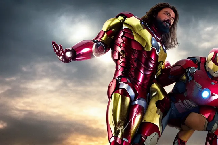 Image similar to full shot photograph of jesus christ being carried by iron man on doomsday, photorealistic, cinematic lighting, extremely detailed, marvel cinematic universe