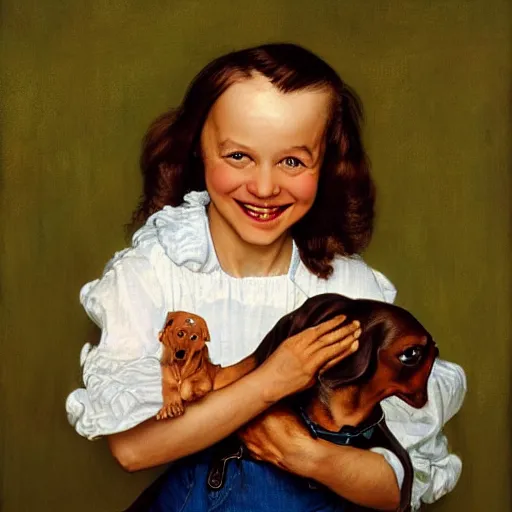 Prompt: very detailed portrait of a very happy dachshund, with a big smile, Norman Rockwell, Anne Geddes, 8k