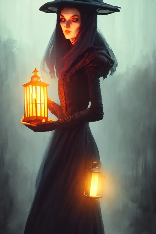 Image similar to portrait of a ghoulish victorian witch dark cheekbones holding a lantern, halloween night, charlie bowater, artgerm, ilya kuvshinov, krenz cushart, ruan jia, realism, ultra detailed, 8 k resolution