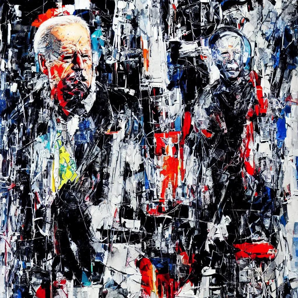 Image similar to Joe Biden full body portrait, Techwear, Cyberpunk, painting by Ralph Steadman, Francis Bacon, Hunter S Thompson