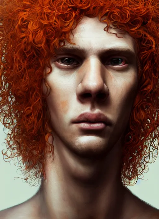 Image similar to portrait of a curly orange hair man, au naturel, hyper detailed, digital art, trending in artstation, cinematic lighting, studio quality, smooth render, unreal engine 5 rendered, octane rendered, art style by klimt and nixeu and ian sprigger and wlop and krenz cushart.