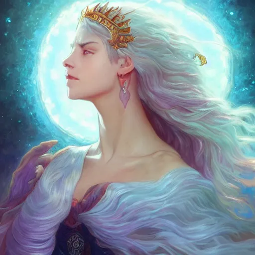 Image similar to quetzalcoatl glowing with magic, aquamarine hair, female, glacier landscape, D&D, fantasy, intricate, elegant, highly detailed, digital painting, artstation, concept art, matte, sharp focus, illustration, art by Artgerm and Greg Rutkowski and Alphonse Mucha