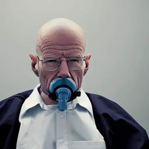 Prompt: walter white wears oxygen mask on face. he sits in a wheelchair in a courtroom. cinematic lighting
