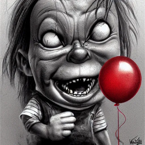 Image similar to surrealism grunge cartoon portrait sketch of chucky with a wide smile and a red balloon by - michael karcz, loony toons style, comic book style, horror theme, detailed, elegant, intricate