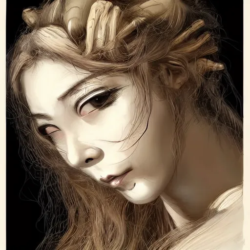 Image similar to portrait of a Shibari rope wrapped face and neck Japanese schoolgirl, headshot, insanely nice professional hair style, dramatic hair color, digital painting, of a old 18th century, traveler, amber jewels, baroque, ornate clothing, scifi, realistic, hyperdetailed, chiaroscuro, concept art, art by Franz Hals and Jon Foster and Ayami Kojima and Amano and Karol Bak,