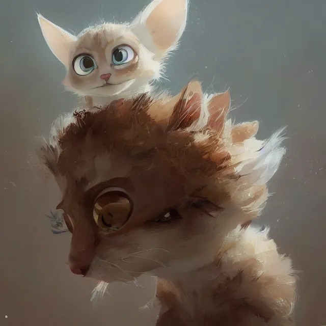 Prompt: a painting of a cute light beige kitten with brown ears and brown face and brown legs and brown tail. white paws. big eyes. character design by cory loftis, fenghua zhong, ryohei hase, ismail inceoglu and ruan jia. volumetric light, detailed, rendered in octane